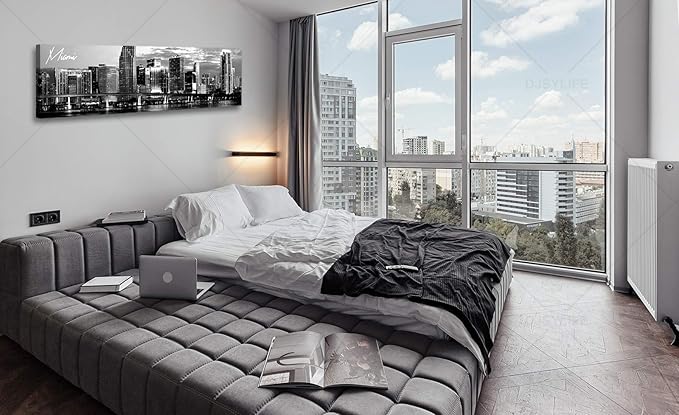 DJSYLIFE Miami Skyline Wall Art Decor Panoramic Cityscape Picture Modern USA City Night View Canvas Prints for Bedroom Office Living Room Decoration Stretched and Framed Ready to Hang 13.8"x47.3"