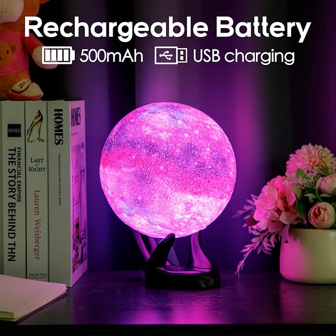 BRIGHTWORLD 7.1inch Galaxy Lamp 16 Colors Moon Lamp 3D Printing, Remote & Touch Control USB Rechargeable, Birthday Gifts for Women Room Decor Aesthetic（Black Hand Base）