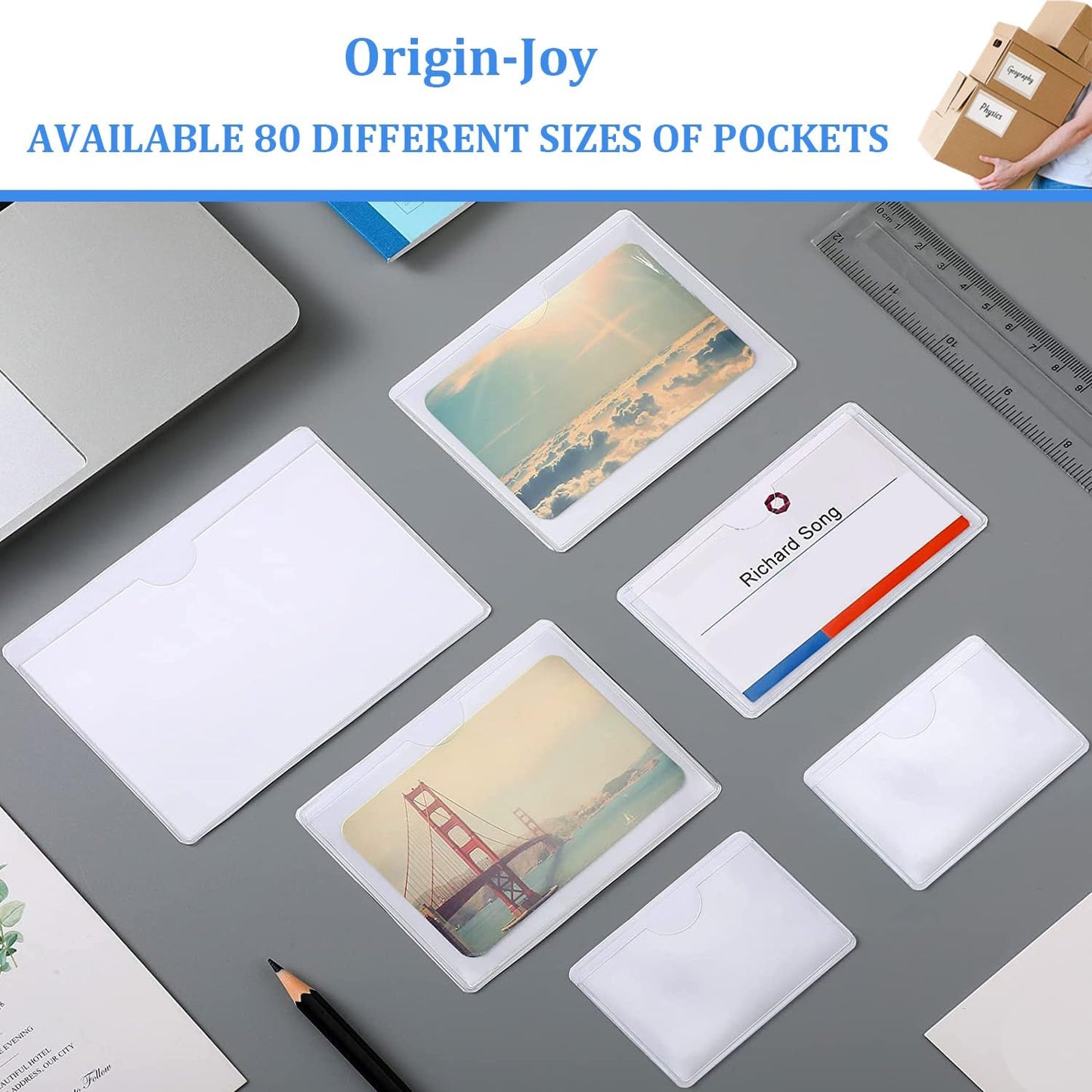Origin-Joy 25 PCS Self-Adhesive Index Label Pockets, Clear Plastic Peel & Stick Card Holders with Top Open for Loading (4 x 6.5 inch)