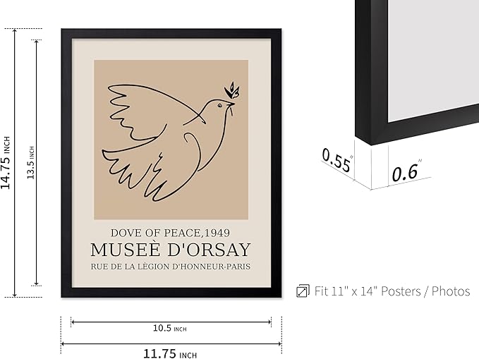 Poster Master Vintage Poster - Retro Minimalist Print - Gift for Artist, Friend - Dove Of Peace, Line Drawing, Sketch, Abstract - Wall Decor for Living Room, Bedroom, 11x14 Black Framed