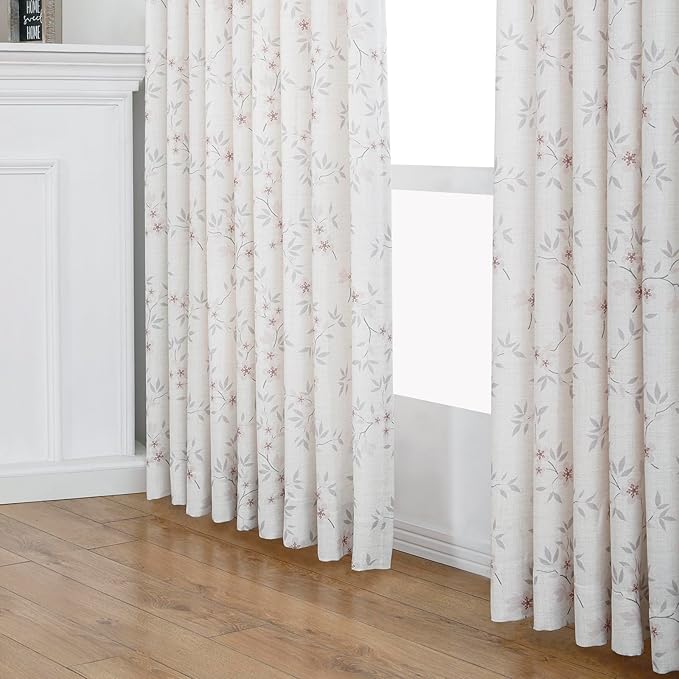 Pink Floral Pinch Pleated Linen Curtains - 2 Panels of Privacy Light-Filtering Printed Curtains Suitable for Dining Rooms and Farmhouses.40 Inches Wide by 106 Inches Long