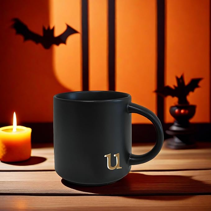 COLLECTIVE HOME - Black Monogram Ceramic Mugs, 15 oz Golden Initial Coffee Cups, Elegant Alphabet Tea Mugs, Personalized Halloween Mug with Gift Box, Perfect for Office and Home Décor (u)
