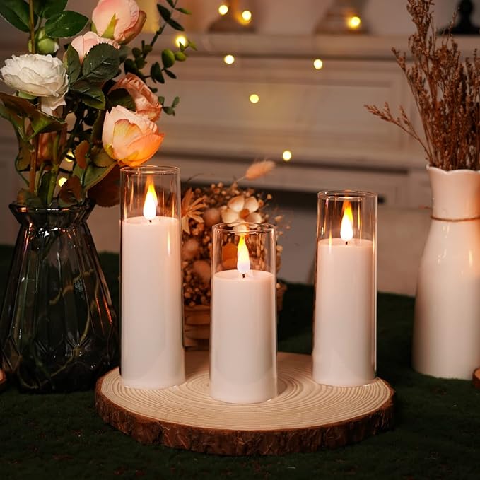 Amagic Pure White Flameless Candles, Battery Operated Candles, Acrylic Flickering LED Pillar Candles with Remote Control and Timer, 3D Wick, Yellow and Blue Glow, D2.2 xH5 6" 7", Set of 9