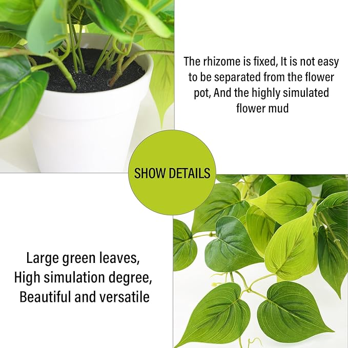 Tiita 2 Pack Fake Plants Artificial Scindapsus Aureus in Pots, Realistic Fake Greenery Potted Plants for Home Office Desk Window Sill Bathroom Bedroom Outdoor Indoor