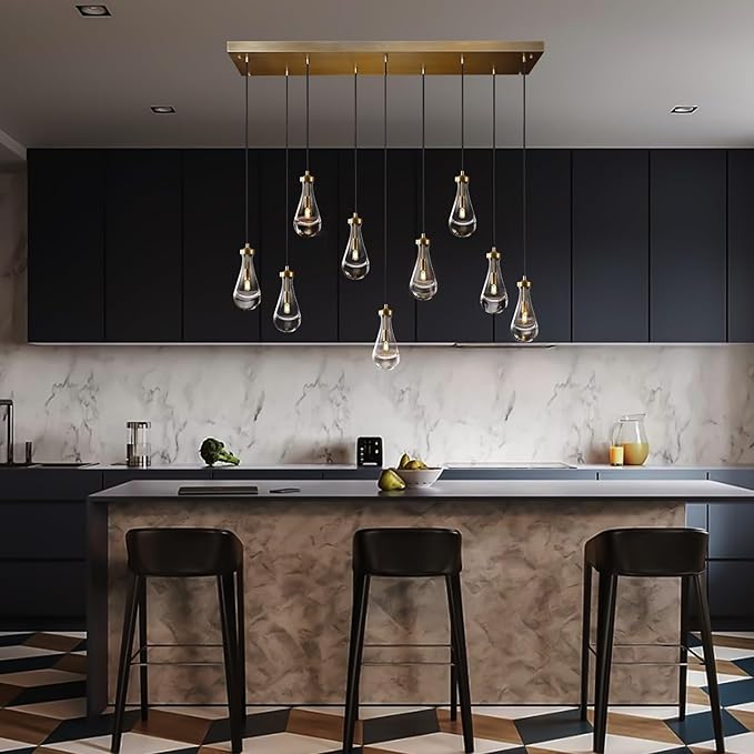 Raindrop 9-Light Chandeliers for Dining Room Gold Dining Room Lights Fixture Over Table, Brass Pendant Lights Kitchen Island, Adjustable Rope Teardrop Hanging Lamp Ceiling for Living Room