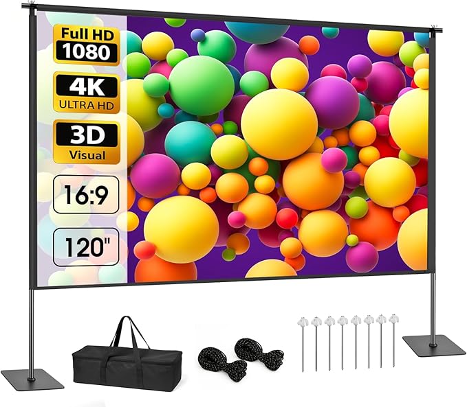 Outdoor Projector Screen with Stand, 120 inch Portable Projection kit 16:9 4K HD Wrinkle-Free Indoor Outdoor Movie Screen with Carry Bag for Home Theater and Backyard Movie Night