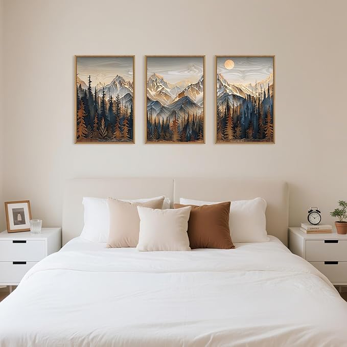 Wood Mountain Framed Canvas Wall Art Set, Pine Trees Wall Painting, Ridge Scenery Wall Decor, Natural Sun Landscape Art Print for Living Room, Bedroom, Dining Room, Office - 16"x24"x3