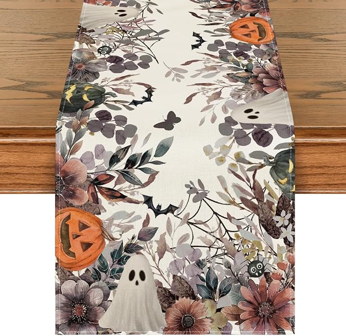Artoid Mode Jack-O'-Lantern Pumpkin Floral Ghost Halloween Table Runner, Eucalyptus Kitchen Dining Table Decoration for Home Party Decor 13x60 Inch