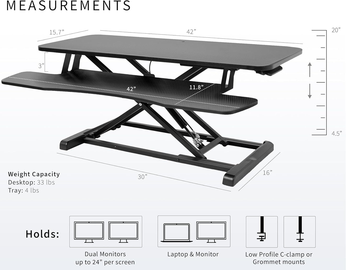 VIVO 42 inch Desk Converter, K Series, Height Adjustable Sit to Stand Riser, Dual Monitor and Laptop Workstation with Wide Keyboard Tray, Black Carbon Fiber Top, Black Frame, DESK-V042KR