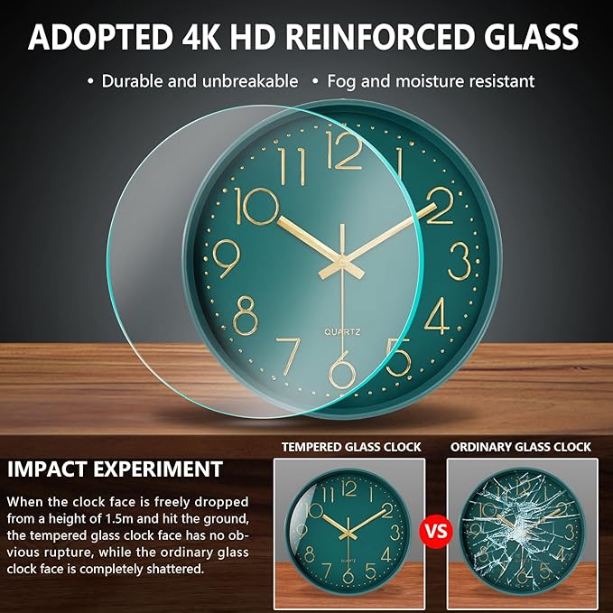 Modern Silent Wall Clock, 12 Inch Wall Clocks Battery Operated Large Number, Non-Ticking Analog Clock with Tempered Glass Quartz Clocks for Living Room Bedroom Office Kitchen, Dark Green