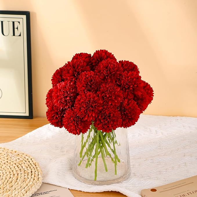 Kimura's Cabin 20pcs Fake Mums Flowers Artificial Silk Chrysanthemum Hydrangeas Ball for Wedding Arrangements Home Kitchen Party Table Centerpieces DIY Bouquets (Red)