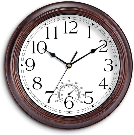 8.5 Inch Outdoor Wall Clock with Thermometers, Vintage Silent Wall Clocks Battery Operated, Retro Non-Ticking Clock Decorative for Living Room, Patio, Kitchen, Office, Bathroom, Bedroom(Bronze)