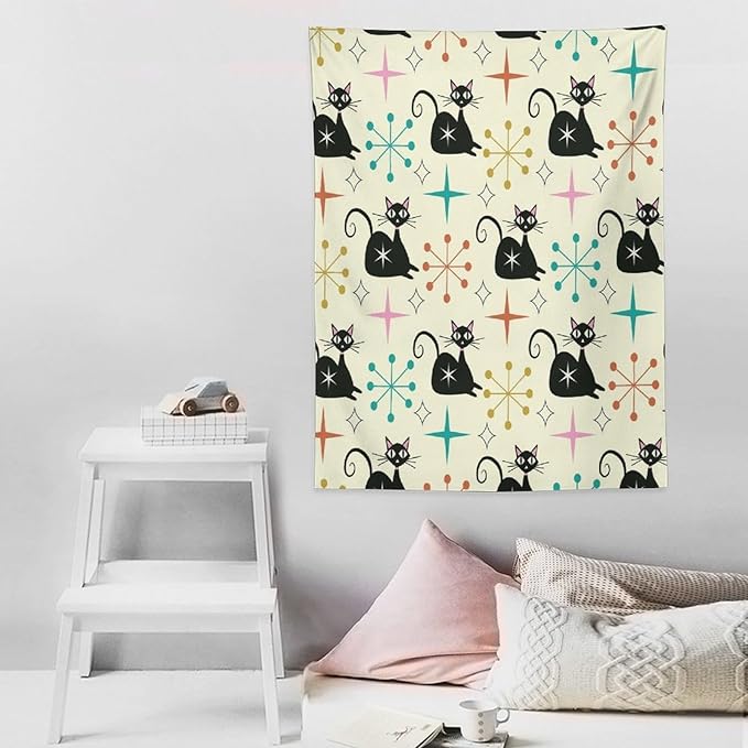 ICMOLYYENLO Abstract Cat Tapestry, Medieval Abstract Atomic Star Cat Vintage Home Wall Hanging Art Tapestry for Bedroom Living Room Dormitory 50x60 Inch
