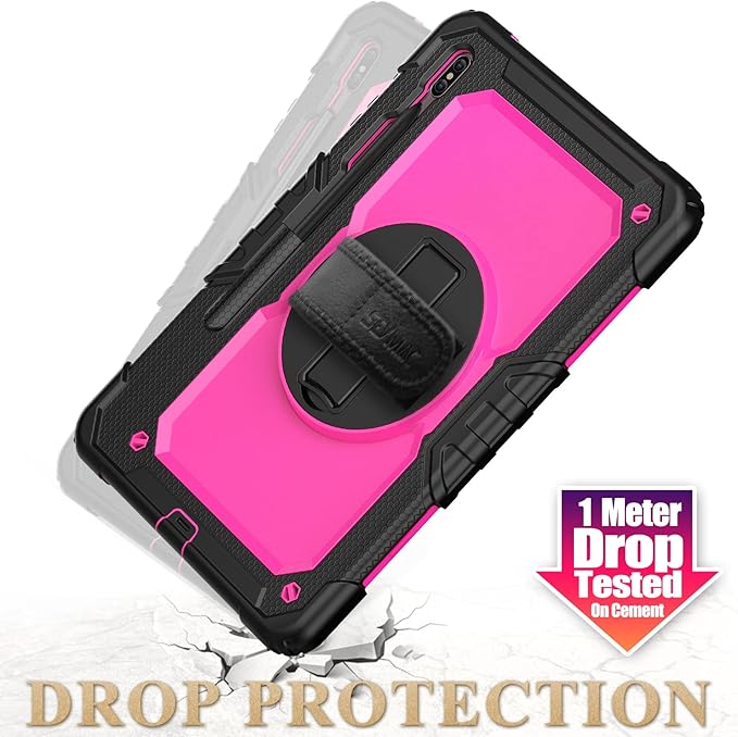 SEYMAC stock Case for Samsung Galaxy Tab S7 FE / S8 Plus 5G Case 12.4'' with Screen Protector Pencil Holder [360 Rotating Hand Strap] &Stand, Drop-Proof, Rose/Black
