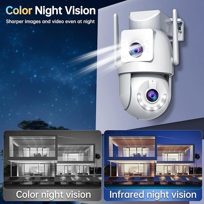 JOOAN Outdoor Security Camera HD 2K*2 Dual Lens Dual WiFi 5Ghz 2.4Ghz Wired,PTZ Rotate 2 Way Audio Sound Light Alarm,Auto Tracking,Share Cloud/Card Storage Color Night