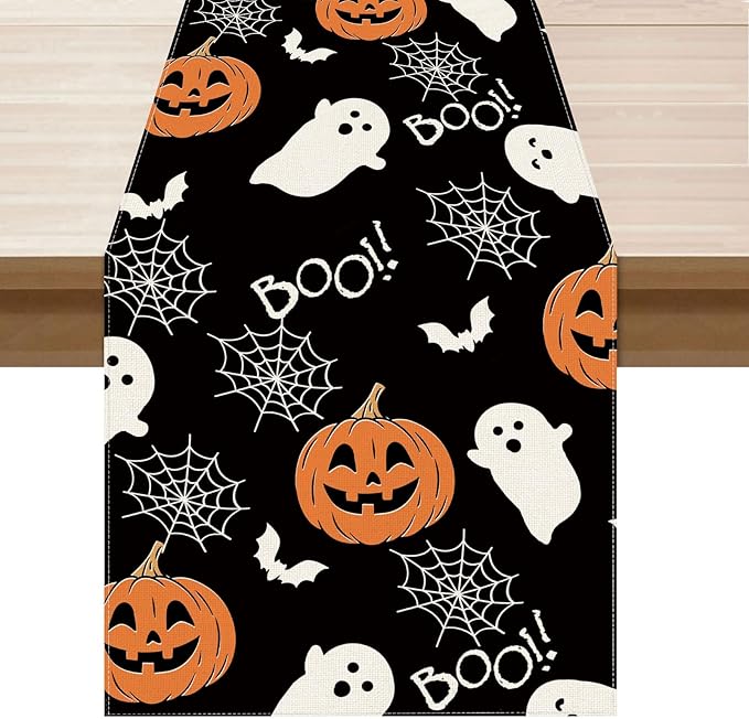 XCHI Boo Spooky Ghost Pumpkin Halloween Table Runner Burlap Table Decoration for Home Kitchen Dining Dinner Indoor Holiday Farmhouse Decor 13x90 Inch