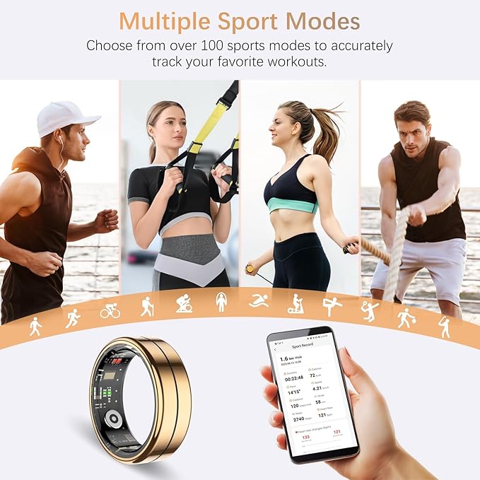 Fit Ring, Smart Health Rings for Women Men with Heart Rate,Blood Oxygen,HRV,Stress Level, Sleep Monitor, Step Tracker, No Subscription Fee, IP68 Waterproof Smart Ring for iphone &Android (Gold, 10#)
