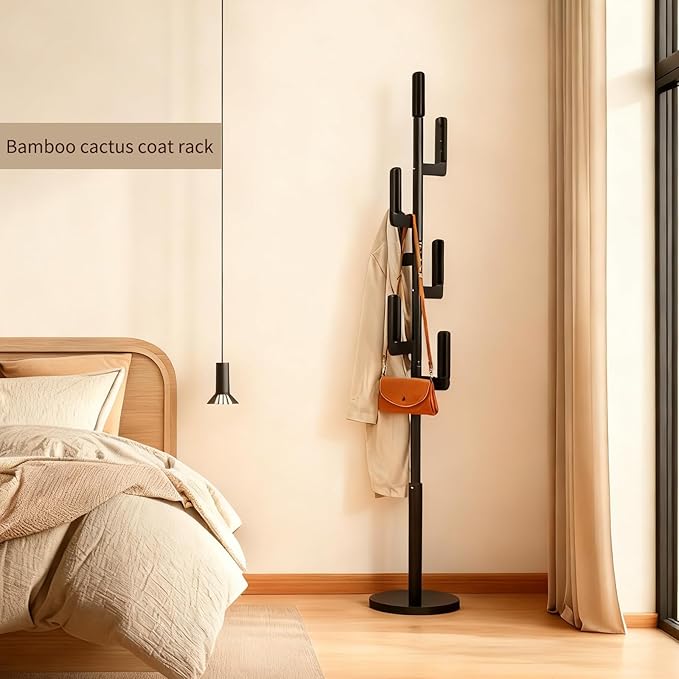 Bamboo Cactus Coat & Clothes Rack Stand, Standing Freestanding Clothing Racks with 6 Hooks for Adults & Kids, Heavy Duty Modern Entryway Living Room Bedroom Corner Coat Rack cactus-3