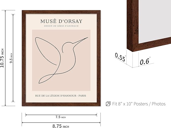 Poster Master Vintage Poster - Retro One Line Hummingbird Drawing Print - Bird Line Art - Minimal Gift for Him, Her, Animal Lover - Abstract Decor for Home, Office, 16x20 Brown Framed