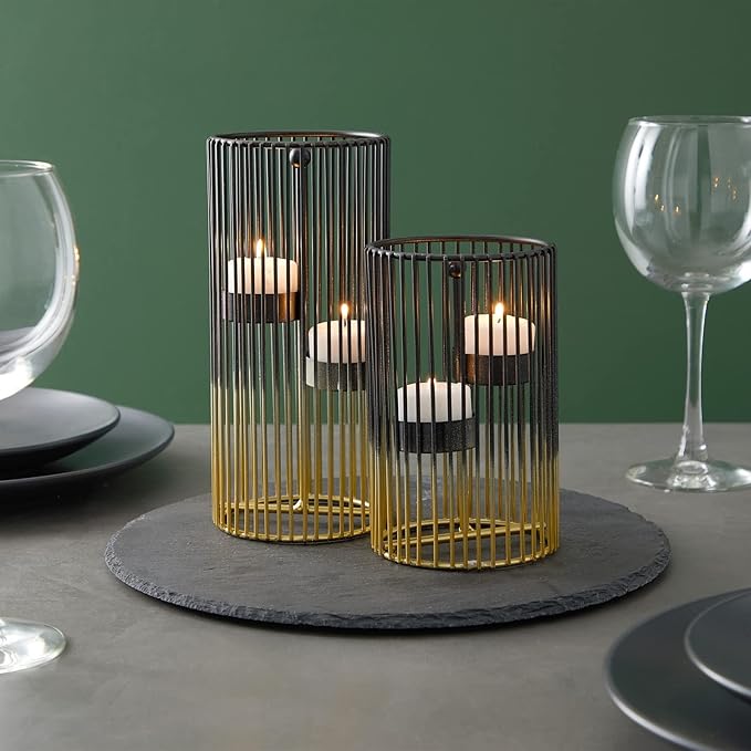 Juvale Set of 2 Black and Gold Geometric Candle Holders for Modern Table Decor (2 Sizes) - Black and Gold Candle Holder Set for Table Centerpieces