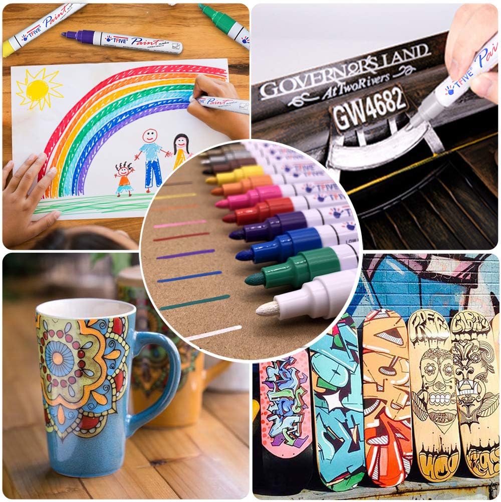 TFIVE Paint Pens Paint Markers Never Fade Quick Dry and Permanent,18 Color Oil-Based Waterproof Marker Pen Set for Rock Painting, Stone, Ceramic, Wood, Fabric, Plastic, Canvas, Glass, Mugs