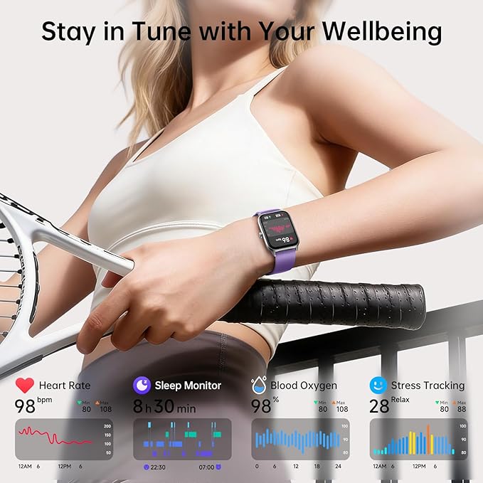 Smart Watches for Women with Alexa & Bluetooth Call,1.85" HD Screen Fitness Tracker,30-Day Battery,Heart Rate/Sleep/SpO2 Monitor,100+ Sports Modes,2ATM Waterproof Smartwatch for Android iPhone(Purple)