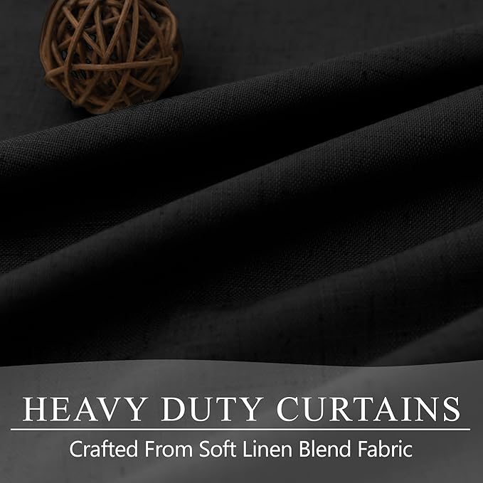 Black Blackout Curtains 84 Inches Long 100% Black Out Linen Farmhouse Light Blocking Curtain for Bedroom Living Room Darkening Back Tab Thermal Insulated Drapes Sliding Glass Door 7ft Length 2 Panel