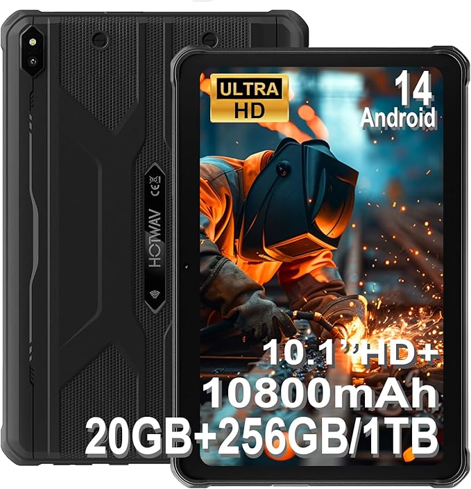 HOTWAV R10 Pro Rugged Tablet, 20GB + 256GB/TF 1TB Android 14 Tablet, 10.1inch HD+ Waterproof Tablets, 10800mAh Battery, 13MP Camera, Octa-Core/Dual SIM 4G/WLAN 5/IP68&IP69K/Face ID/GPS/OTG