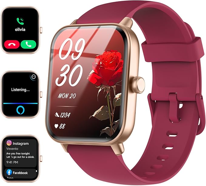 Smart Watches for Women/Men, Smart Watch for Android Phones and iPhone Compatible, Alexa Built-in, 1.8" Fitness Watches for Women, IP68 Waterproof/Bluetooth Call, Heart Rate/Sleep Monitor, Red