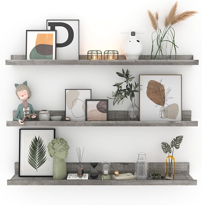 Giftgarden 36 Inch Grey Floating Shelves for Wall Mount, Gray Wood Wall Shelf Ledge for Bathroom Bedroom Living Room Kitchen Storage, Set of 3 Different Sizes