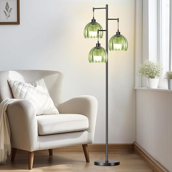 Glass Gold Floor Lamp for Living Room,Bedroom,Mid Century Modern Standing Lamp Brass Tree 3 Light Tall Floor Lamps Vintage Retro Floor Lights Green Flower Lamp Shade Farmhouse Boho Bohemian