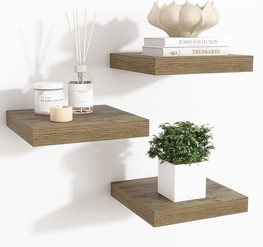 Fun Memories Floating Shelves for Wall - 7.5 Inch Square Shelves with Invisible Brackets, Small Wall Shelf for Living Room, Bathroom, Bedroom, and Kitchen Decor，Grey Set of 3