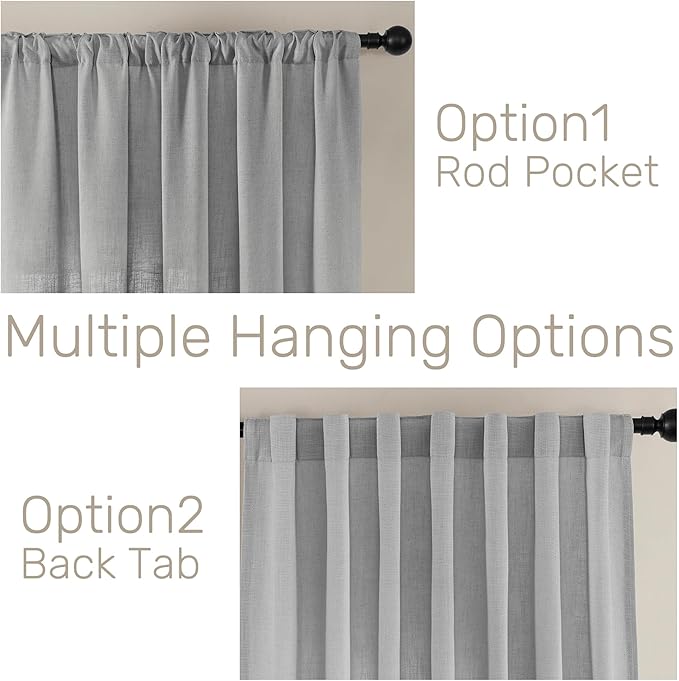 Joydeco Linen Curtains for Living Room,Light Filtering Rod Pocket Back Tab Semi Sheer Drapes Window Long Curtains 120 inches Long Ebony Grey