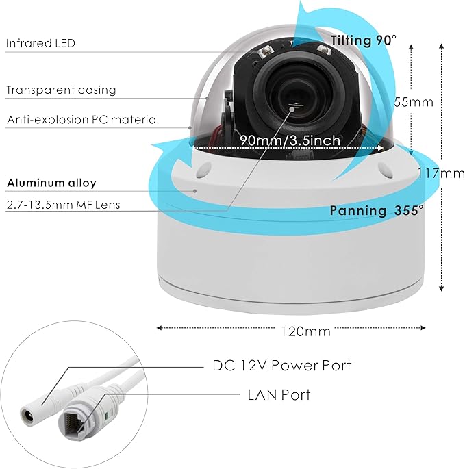 IP Security 5.0MP H.265 POE PTZ Dome Camera, Hikvision Compatible 5X Optical Zoom, Indoor/Outdoor Network Camera with Audio, Pan 355° Tilt 90°,Waterproof IP66 98ft Night Vision, Motion Detection