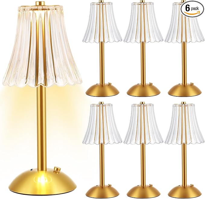 Liliful 6 Pcs LED Portable Cordless Table Lamp Touch Battery Operated Rechargeable Desk Lamp 3 Color Dimmable for Bedroom Living Room Dining (Rose Style,Gold)