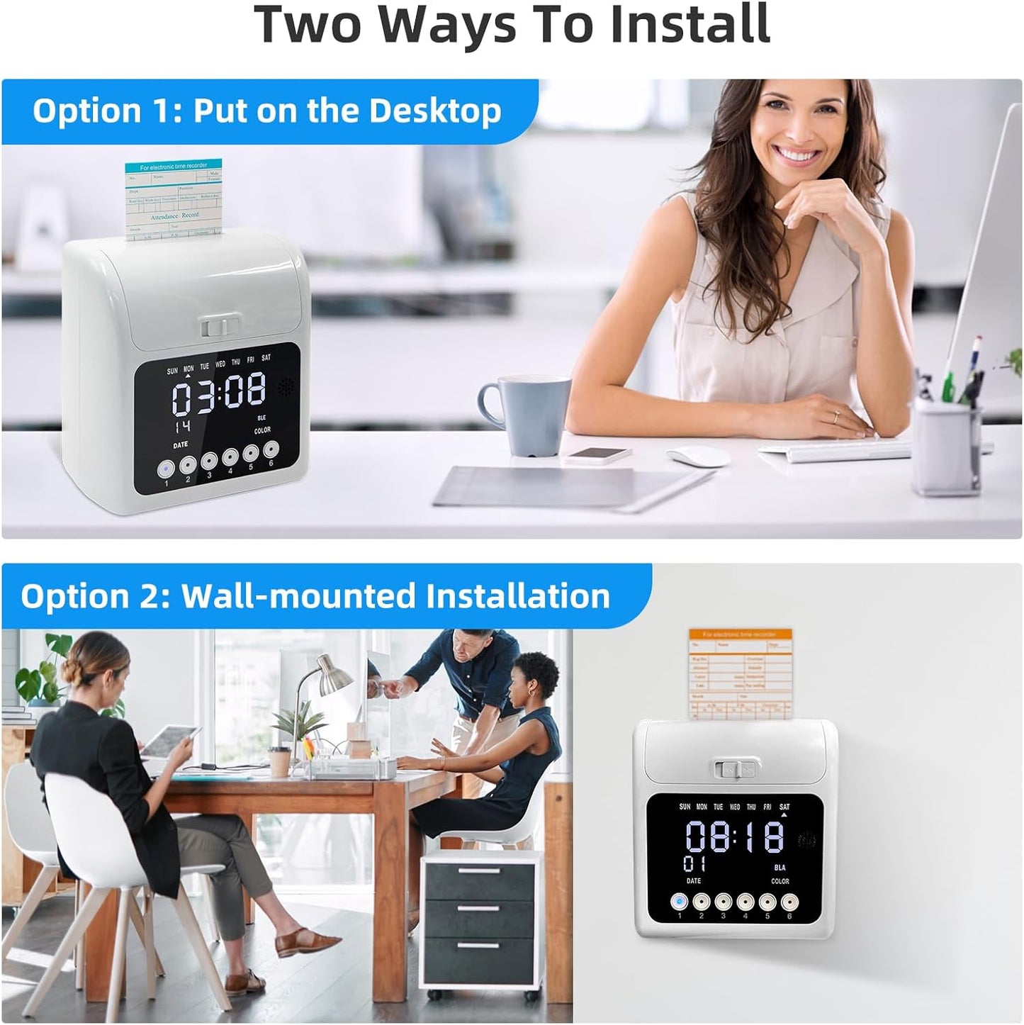 Time Clock with Passcode, Auto-Align Time Clocks for Small Business, Time Clock Punch Machine with 50-Piece Time Cards, and One Ink Ribbon Cartridge