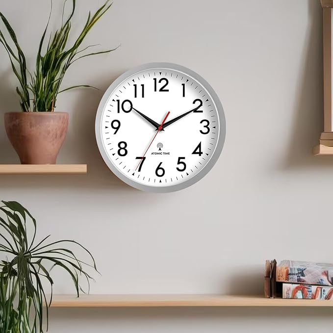 Atomic Wall Clock Analog 10 Inch Battery Operated Modern Decorative for Living Room Kitchen Office Bedroom Bathroom(Silver)