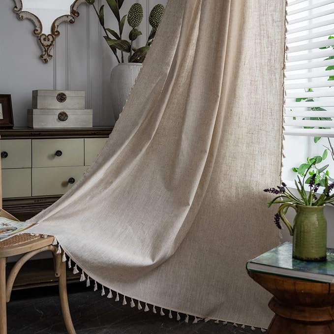 Sutuo Home Boho Curtain 72 Inches Long for Bedroom, Natural Linen Look Textured Burlap Rod Pocket Chic Semi Blackout Bohemian Handmade Tassels Window Treatment for Living Room, 1 Panel 59" W x 72" L