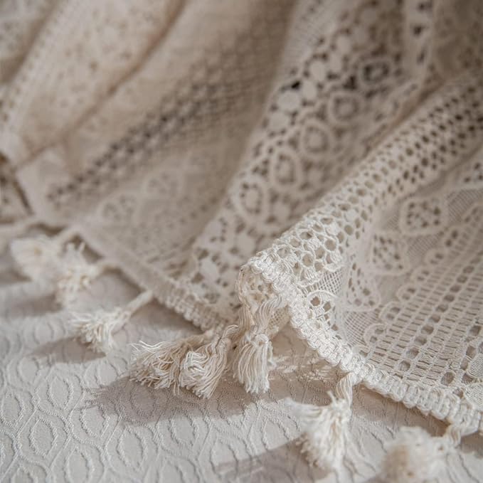 Sutuo Home Boho Curtains Crochet Lace Sheer Bohemian Stylish with Tassels, Window Treatment Privacy Vintage Rustic Farmhouse Drapes for Bedroom Living Room, Rod Pocket 1 Panel 59" W x 102" L, Beige