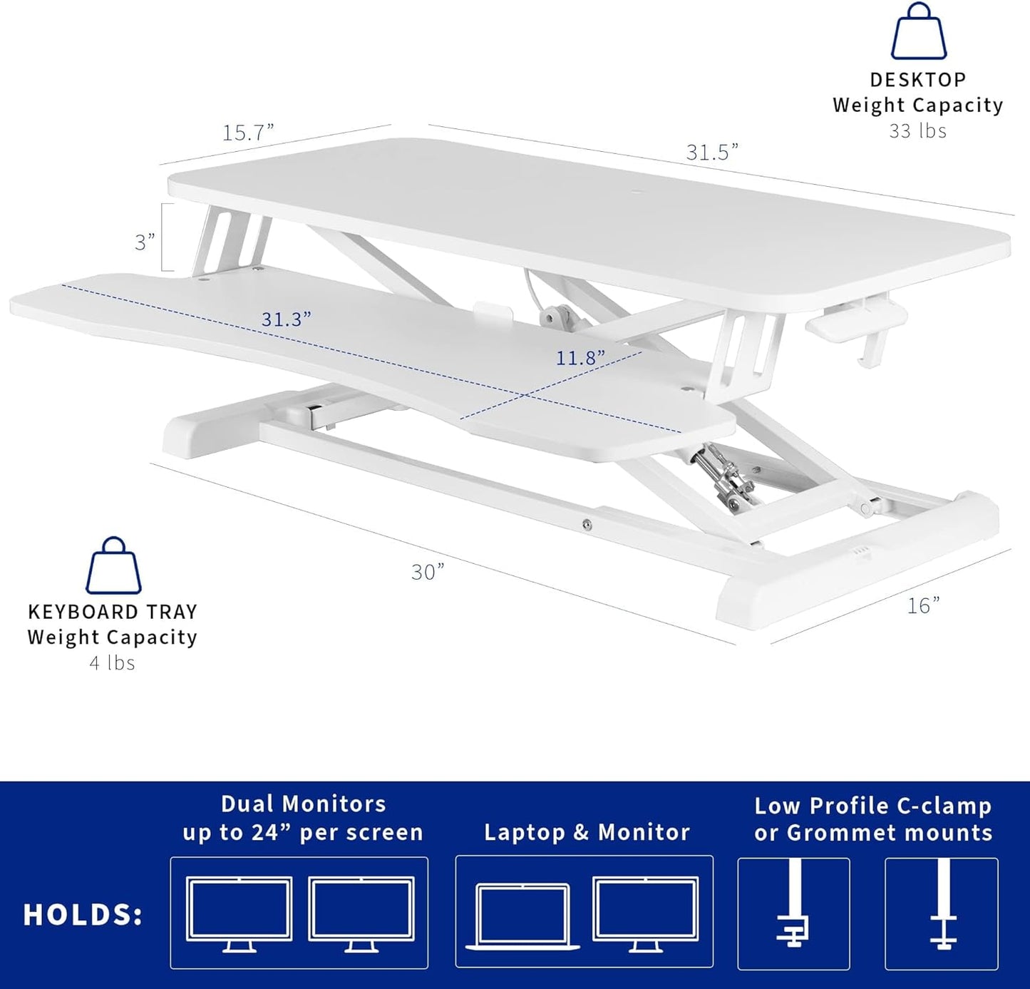 VIVO 32 inch Desk Converter, K Series, Height Adjustable Sit to Stand Riser, Dual Monitor and Laptop Workstation with Wide Keyboard Tray, White, DESK-V000KW