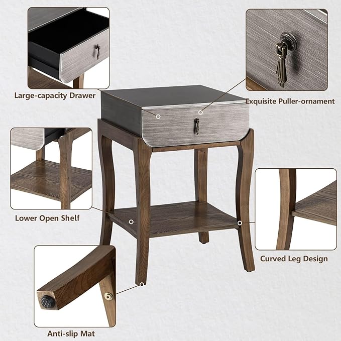 COSIEST Rustic Nightstand, 2-Tier Farmhouse Bedside Table, Wood Accent End Table with Storage Drawer and Open Display Shelf for Bedroom Nursery Living Room (Black & Silver)