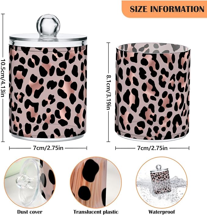 2 Pack Qtip Holder Dispenser Rose Gold Black Leopard Bathroom Storage Canister Lid Acrylic Plastic Apothecary Jar Set Vanity Makeup Organizer for Cotton Swab/Ball/Round Pads, Floss
