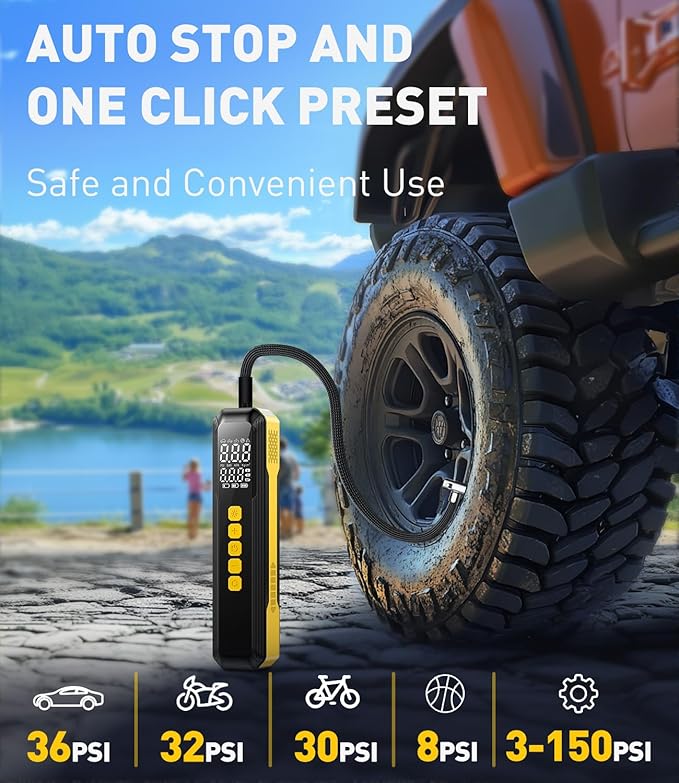 Tire Inflator Portable Air Compressor, 150 PSI Faster Cordless Air Pump for Car Tires, Electric Bike Tire Pump with Digital Pressure Gauge, LED Light for Motorcycle, Bicycle, Ball
