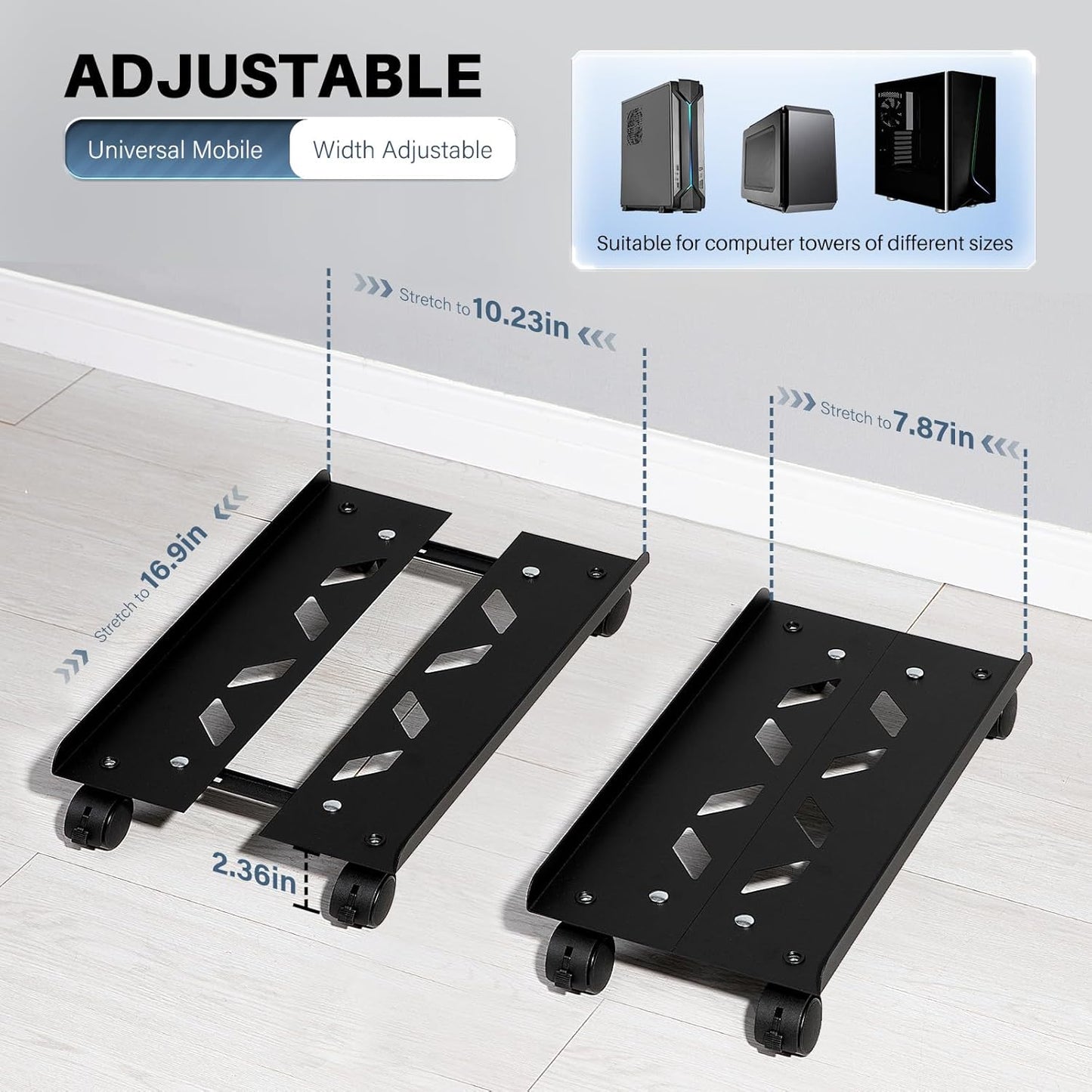 Mobile PC Stand, Adjustable Metal Computer Tower Stand, PC Floor Stand with 4 Locking Caster Wheels, PC Tower Stand, CPU Holder, PC Cart PC Riser Fits Most PC for Gaming Office Desk