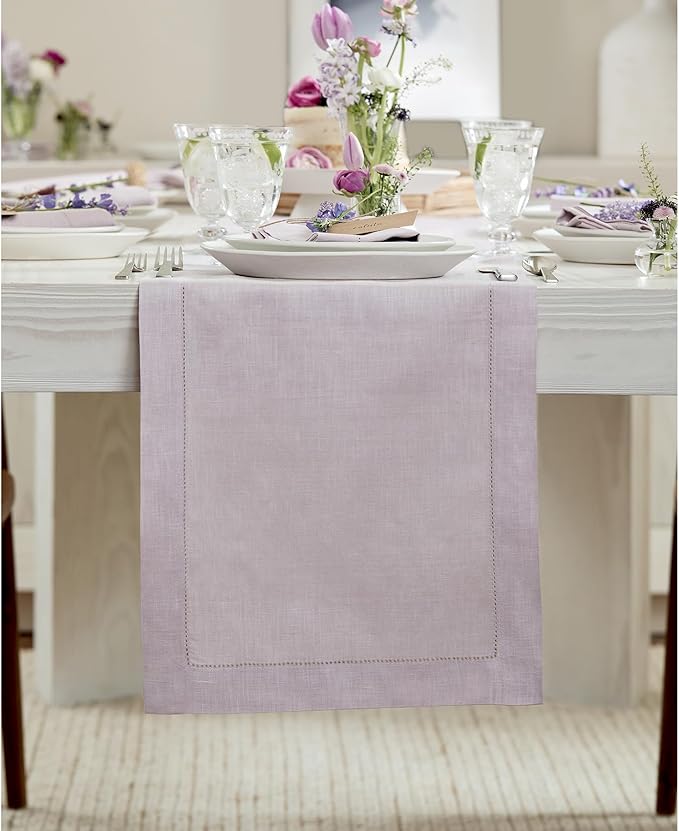 Solino Home Linen Lilac Table Runner 144 Inches Long - 100% Pure Linen Extra Long Table Runner 14 x 144 Inch - Classic Hemstitch