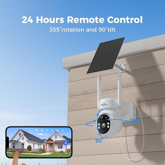 Hiseeu Solar Camera Outdoor, 4MP Wireless Battery Camera, PTZ 360° View, PIR Motion Detection, Color Night Vision, IP66, 2-Way Audio, 2.4G WiFi, No Monthly Fee