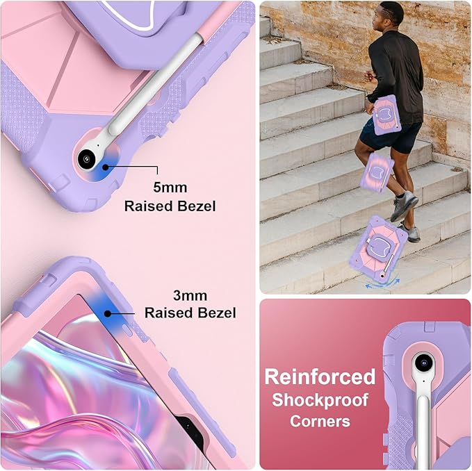 Case for Samsung Galaxy Tab S10 Lite / S10 FE / S9 FE 10.9 Inch, Samsung Tab S9 11 Inch, Rugged Galaxy S10 Tablet Case with Pen Holder 360 Rotating Stand Shoulder Strap Screen Protector, Purple