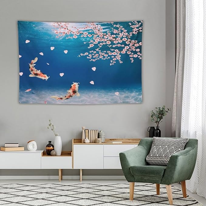 Japanese Koi Fish Tapestry, Cherry Blossoms Asian Oriental Blue Floral Branch Koi Fish Carp Tapestries Wall Hanging for Bedroom Living Room Office Decor 60"x40"
