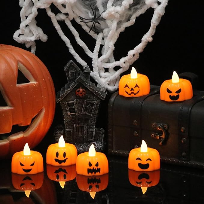Wondise Halloween Flameless Candles, Pumpkin Battery Operated Candles with Timer, LED Flickering Votive Tealight Spooky Candles for Halloween Decorations Indoor (6 Pack, 1.9" x 1.6")