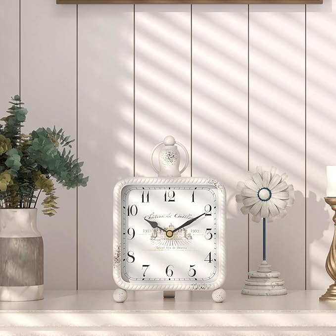 Vintage White Table Clock on Stand, Desk and Shelf Decor Clock, French Rustic Style Non-Ticking Mantel Clocks for Farmhouse, Living Room, Bedroom, Bedside, Gift (8.5" H x 5.5" W)